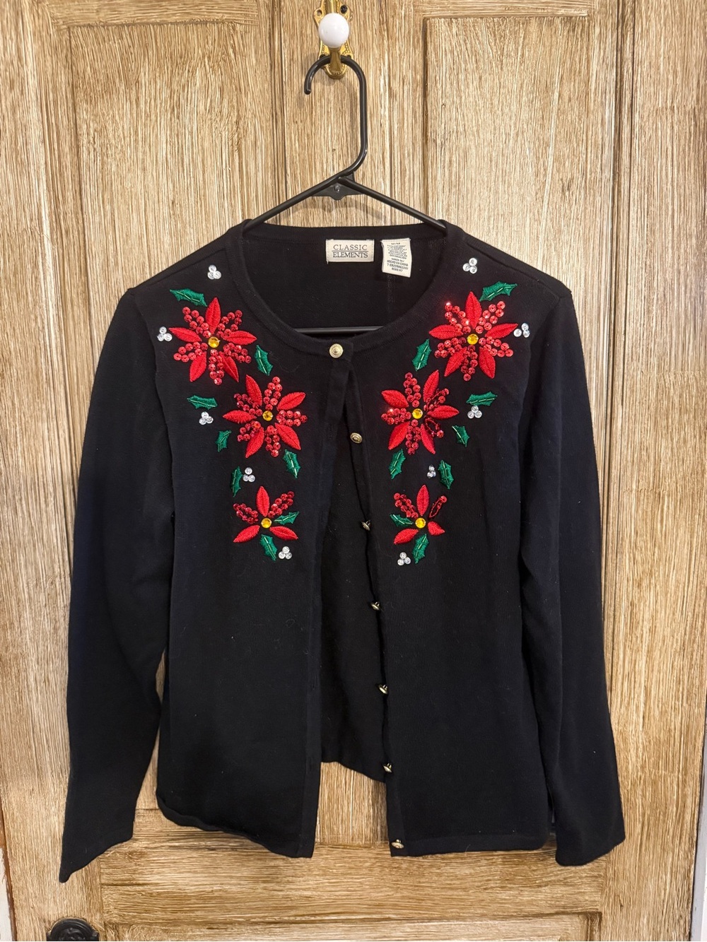 Classic Black Cardigan with Red Poinsettia Embroidery